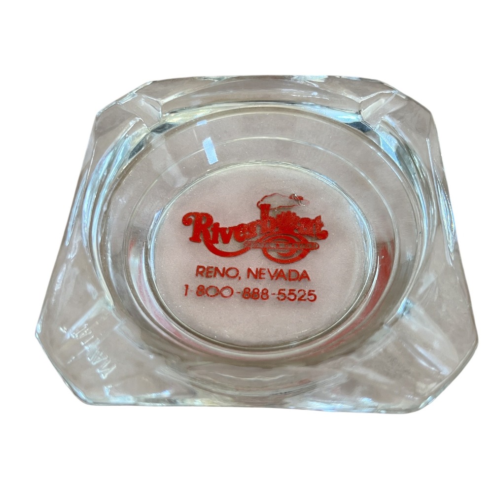 Vintage Riverboat Hotel Casino Reno Nevada Clear Glass Square Ashtray Red Logo
